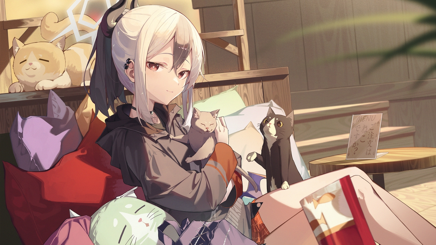 animal, blue_archive, cat, choker, couch, halo, hood, horns, onikata_kayoko, ponytail, red_eyes, siro_joon, skirt