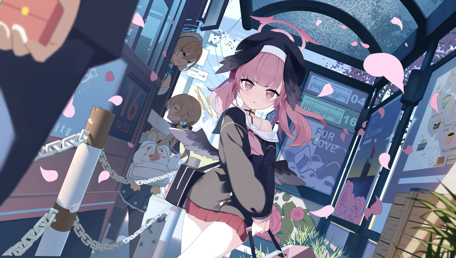 ajitani_hifumi, aqua_eyes, blue_archive, blush, bow, breasts, brown_hair, car