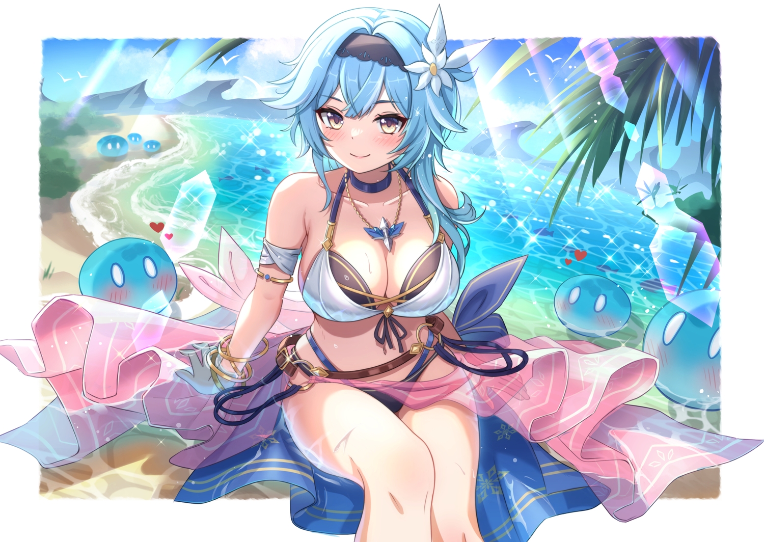 aqua_hair, beach, bikini, blush, breasts, choker, cleavage, clouds