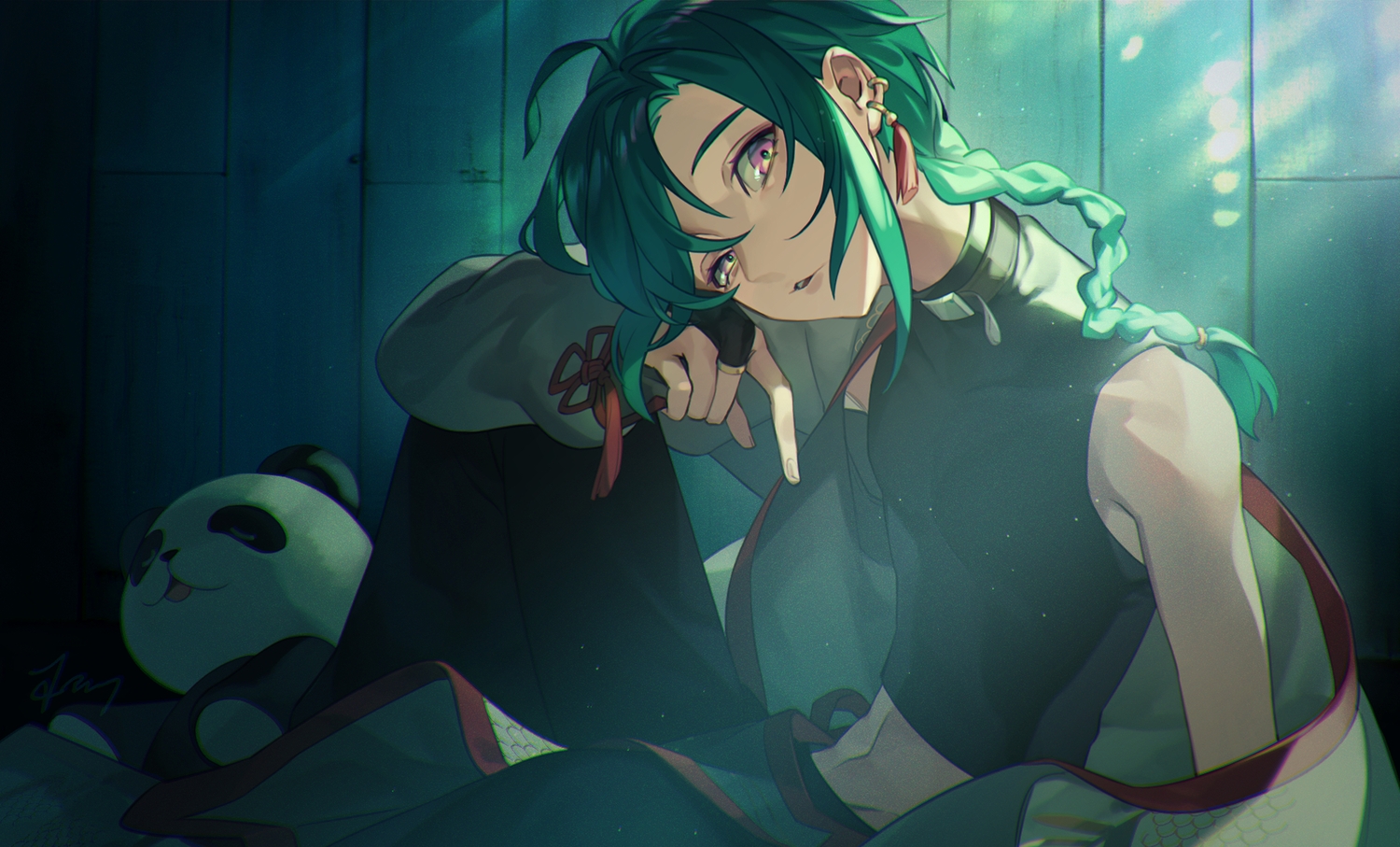 braids, collar, elbow_gloves, gloves, green_hair, long_hair, mons1eurm_yanagimachi, navel