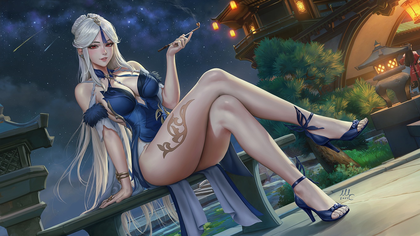 beidou_(genshin_impact), building, dress, genshin_impact, gray_hair, long_hair, night, ningguang_(genshin_impact)