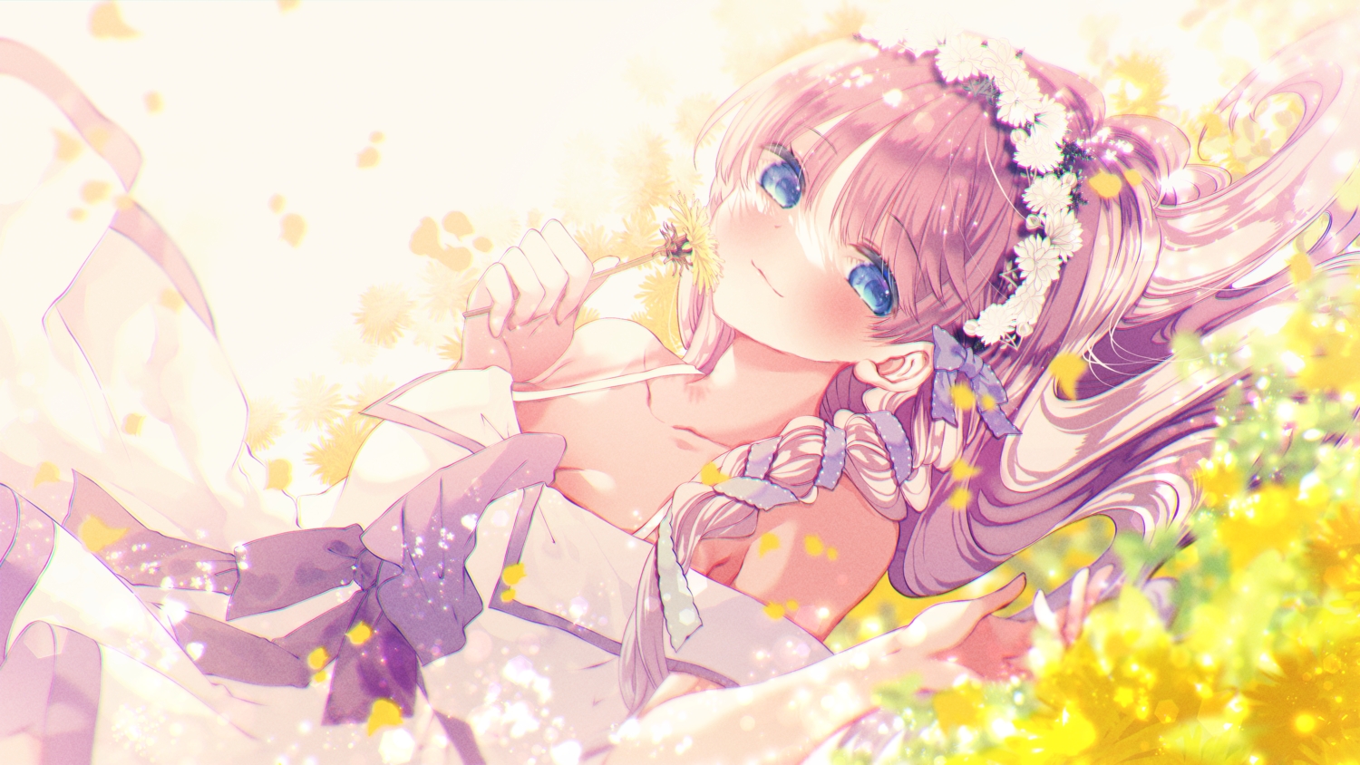 aqua_eyes, bow, braids, breasts, cleavage, dress, flowers, headdress