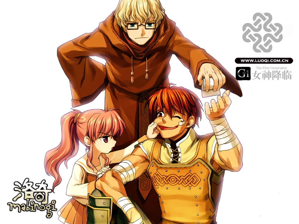 brown_eyes, brown_hair, glasses, green_eyes, mabinogi, mari, ponytail, ruairi