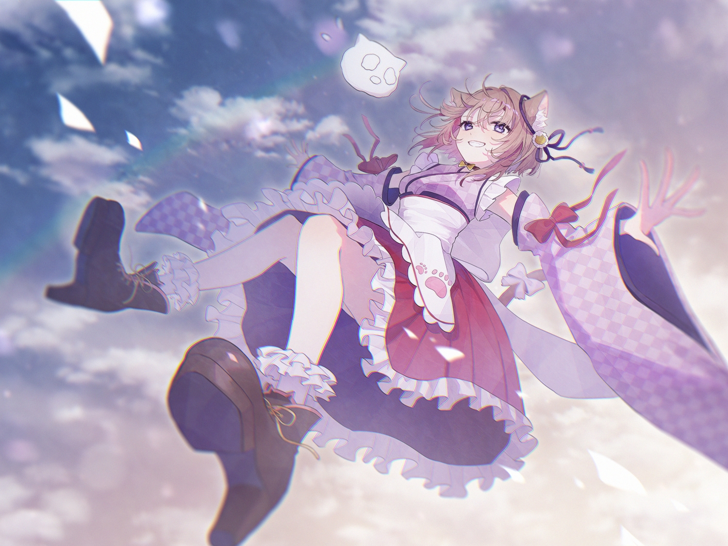 animal_ears, apron, bow, brown_hair, catgirl, clouds, japanese_clothes, lolita_fashion, maid, necojishi, purple_eyes, rainbow, ribbons, short_hair, sky, socks, tail, tamanoi_monaka, upskirt