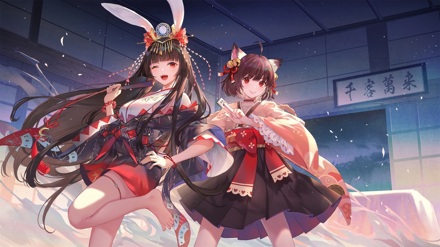 2girls, animal_ears, barefoot, bow, brown_hair, bunny_ears, bunnygirl, catgirl