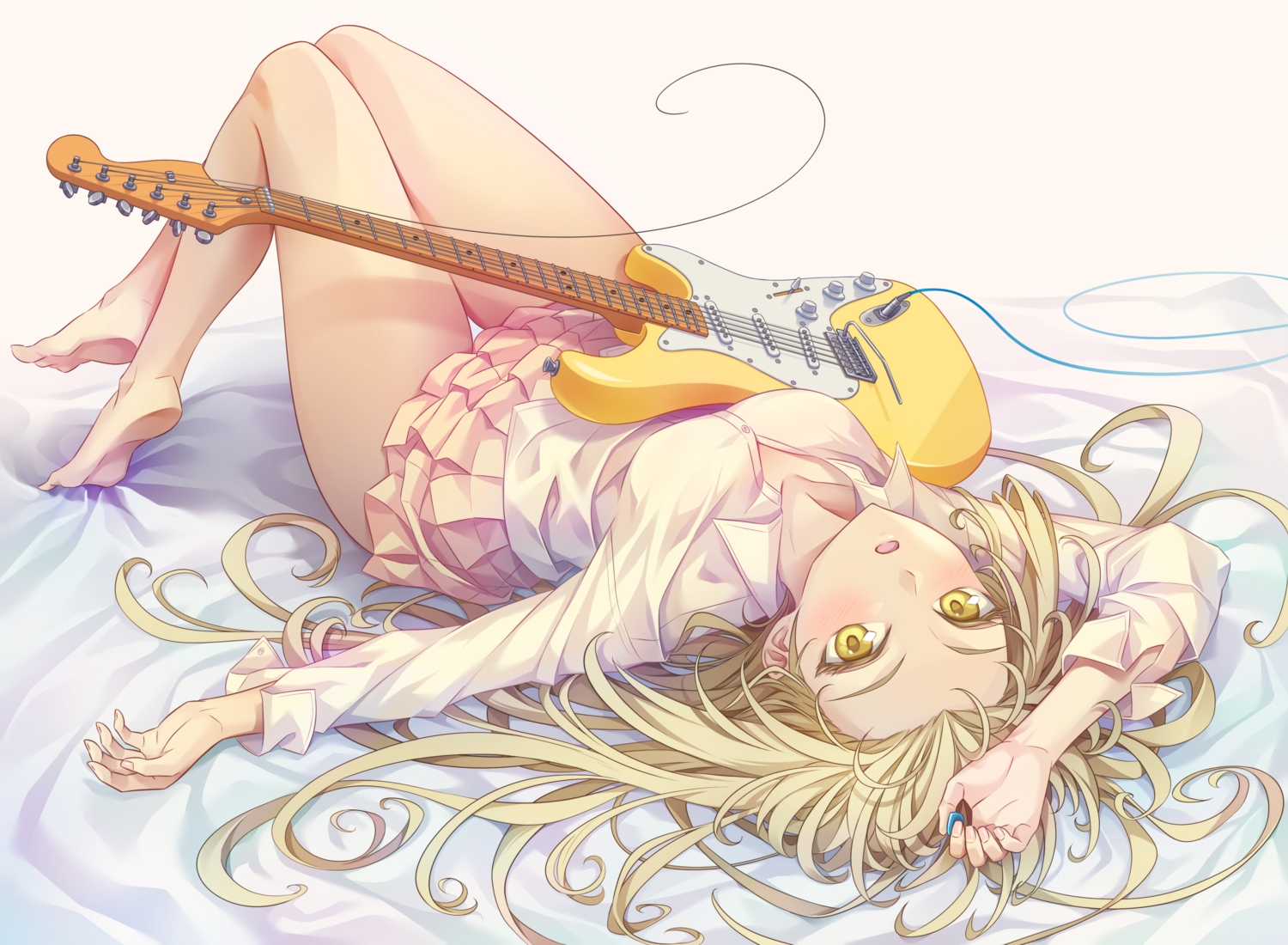 440_(straight440), barefoot, blonde_hair, blush, guitar, instrument, long_hair, original, shirt, skirt, yellow_eyes