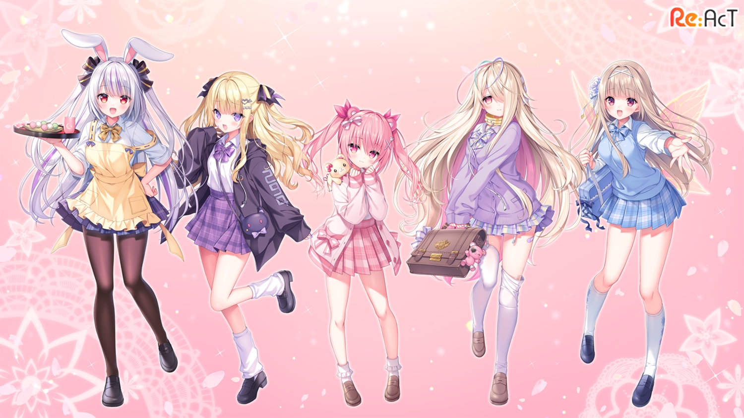 animal_ears, apron, ayamo_nono, bandaid, blonde_hair, blush, bow, brown_hair, bunny_ears, bunnygirl, collar, drink, food, garter_belt, gradient, gray_hair, group, headband, himekuma_ribon, hood, kneehighs, kulaku_lie, logo, loli, long_hair, marumochi_tsukimi, pantyhose, pink, pink_eyes, pink_hair, purple_eyes, re:act, red_eyes, sakura_neko, school_uniform, shirt, skirt, socks, stockings, teddy_bear, tsukushi_aria, twintails, waifu2x, wings