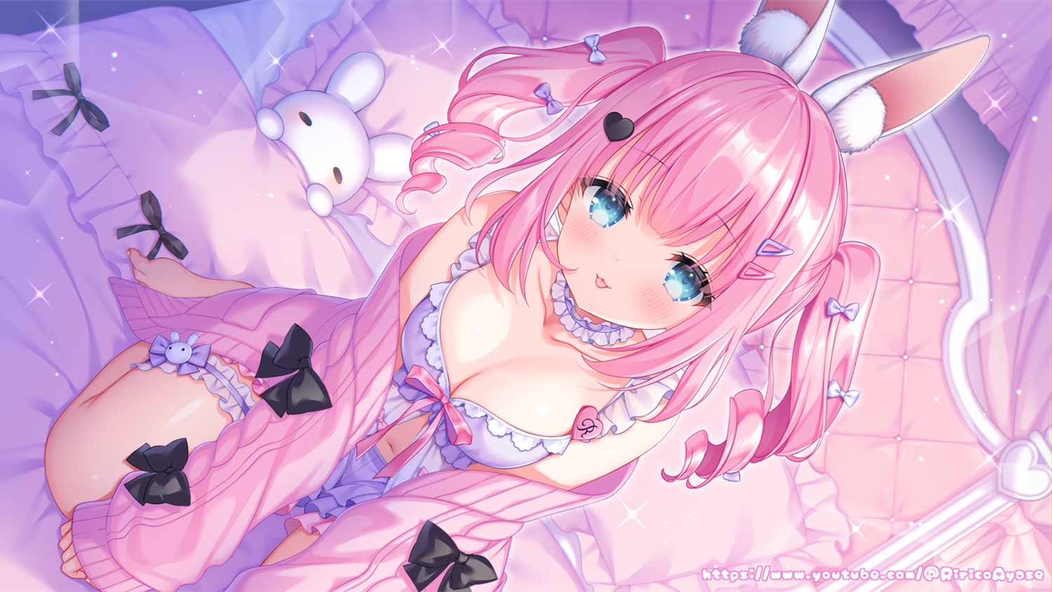 animal_ears, aqua_eyes, ayase_ririko, barefoot, bed, blush, bow, breast_hold