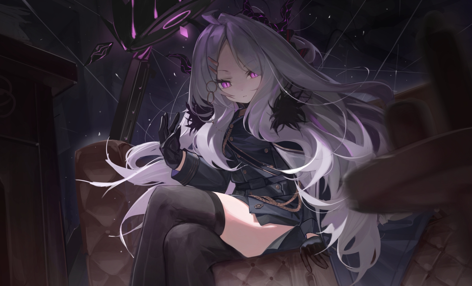 blue_archive, gloves, gray_hair, halo, horns, long_hair, military, oiru_(fattyoils), purple_eyes, sorasaki_hina, thighhighs, uniform, zettai_ryouiki