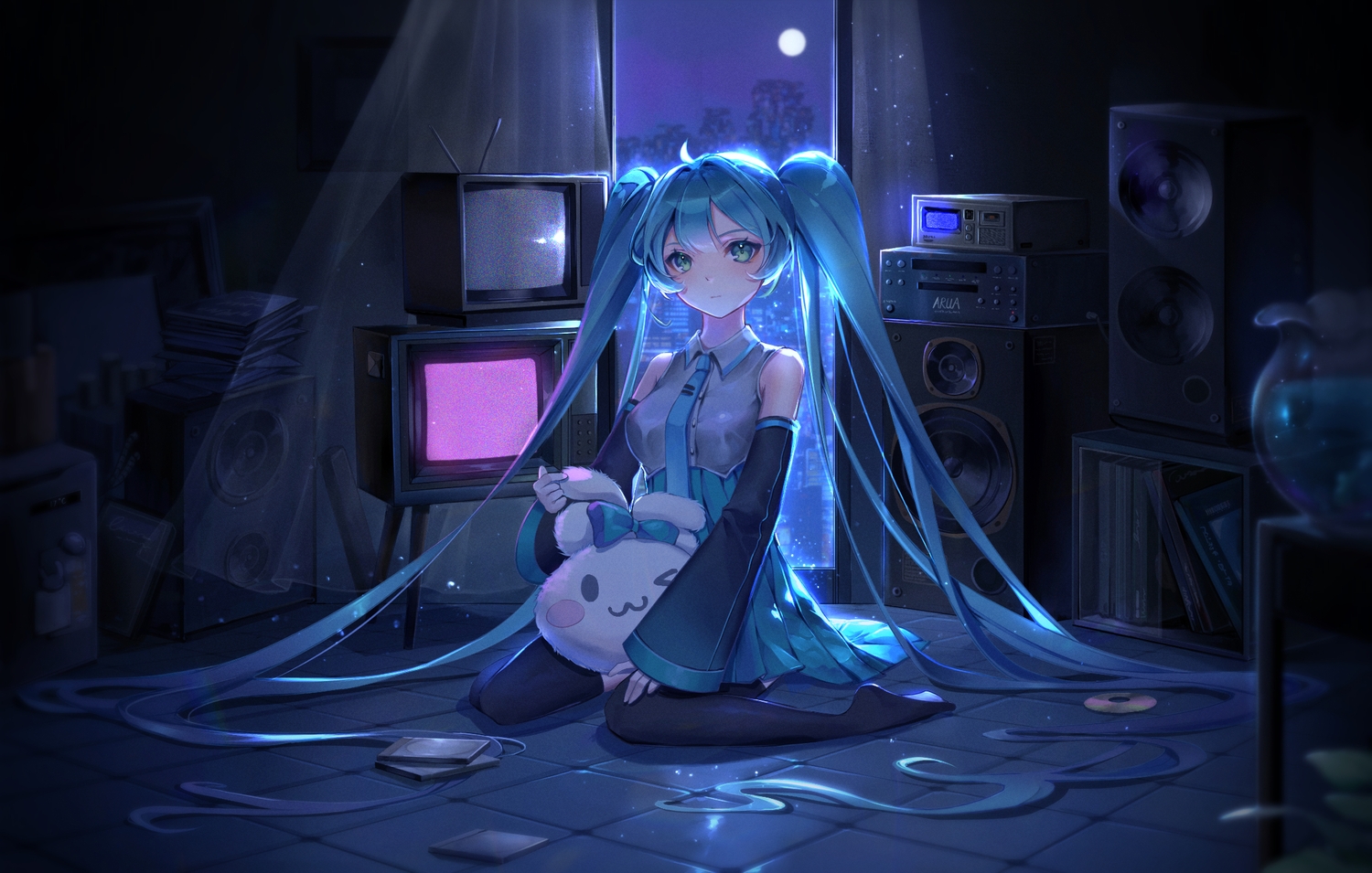 aqua_hair, arua, cinnamoroll, dark, green_eyes, hatsune_miku, long_hair, moon
