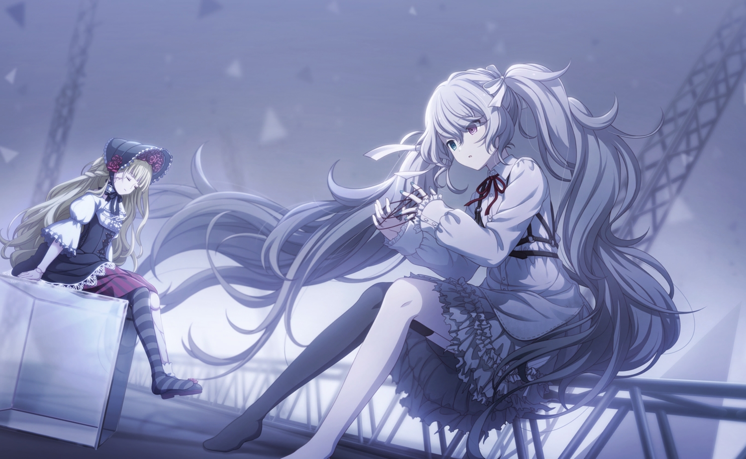 bicolored_eyes, blonde_hair, bow, colorful_palette, doll, dress, goth-loli, gray_hair