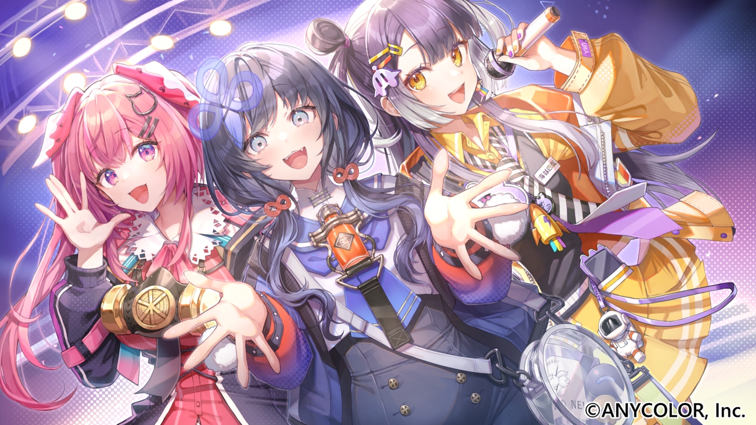 amagase_muyu, black_hair, blush, bow, cat_smile, fang, gray_eyes, long_hair