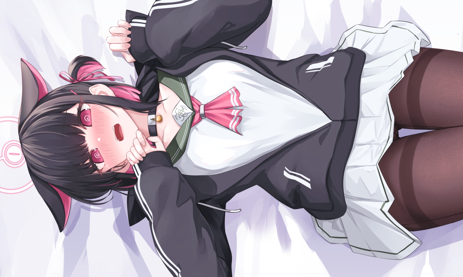 animal_ears, bed, black_hair, blue_archive, blush, catgirl, collar, daran9