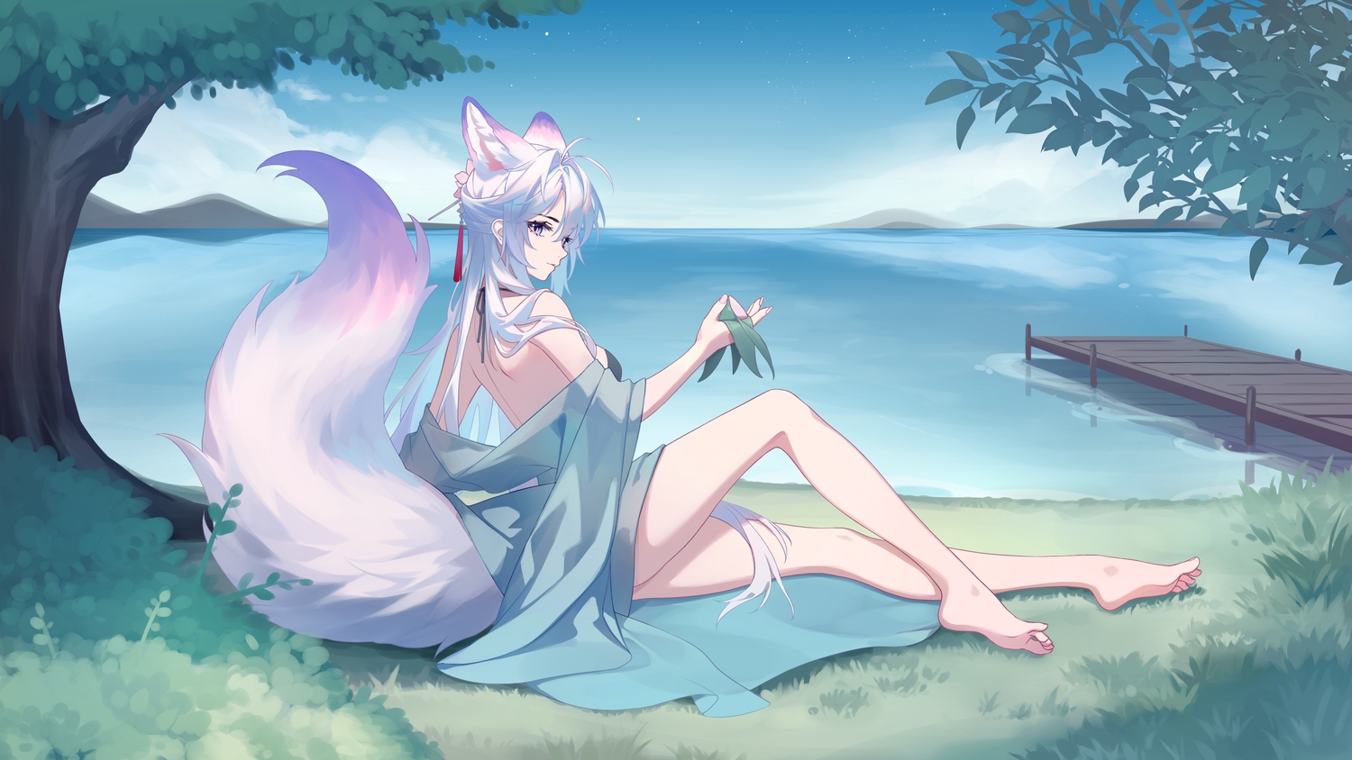 animal_ears, barefoot, clouds, foxgirl, grass, leaves, long_hair, luo_shun_yao