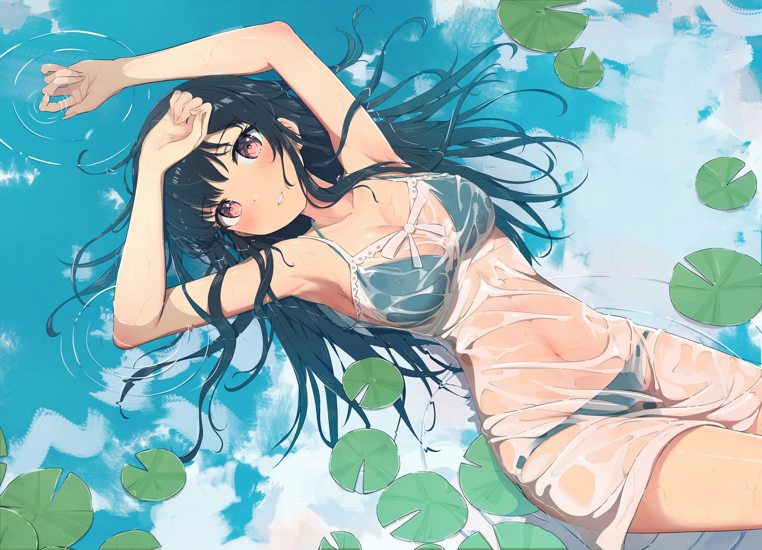 bikini, black_hair, blush, breasts, cleavage, clouds, dress, hano_1219, leaves, long_hair, navel, original, red_eyes, reflection, see_through, sky, swimsuit, water, wet