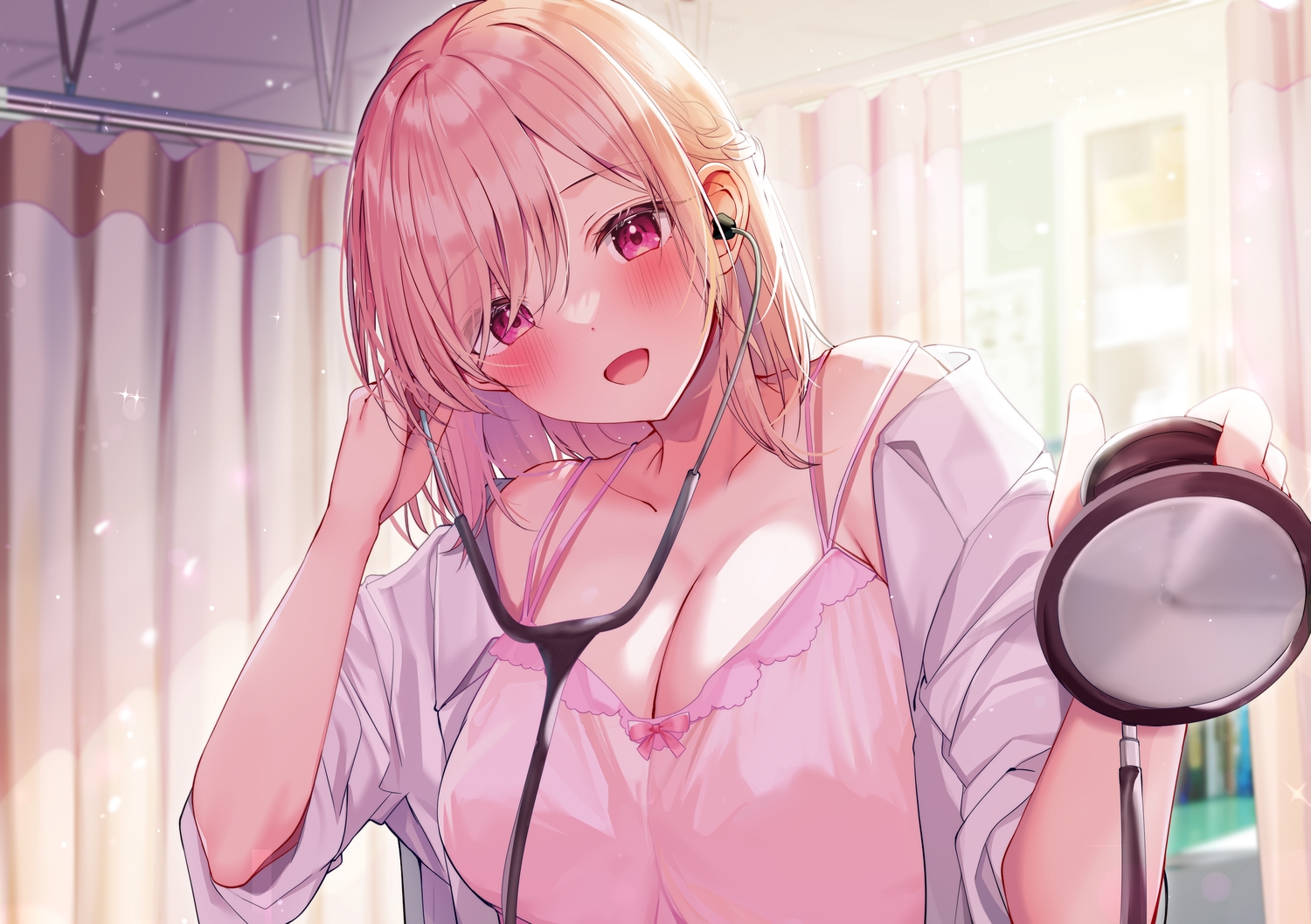 blonde_hair, blush, braids, breasts, cleavage, close, nurse, original