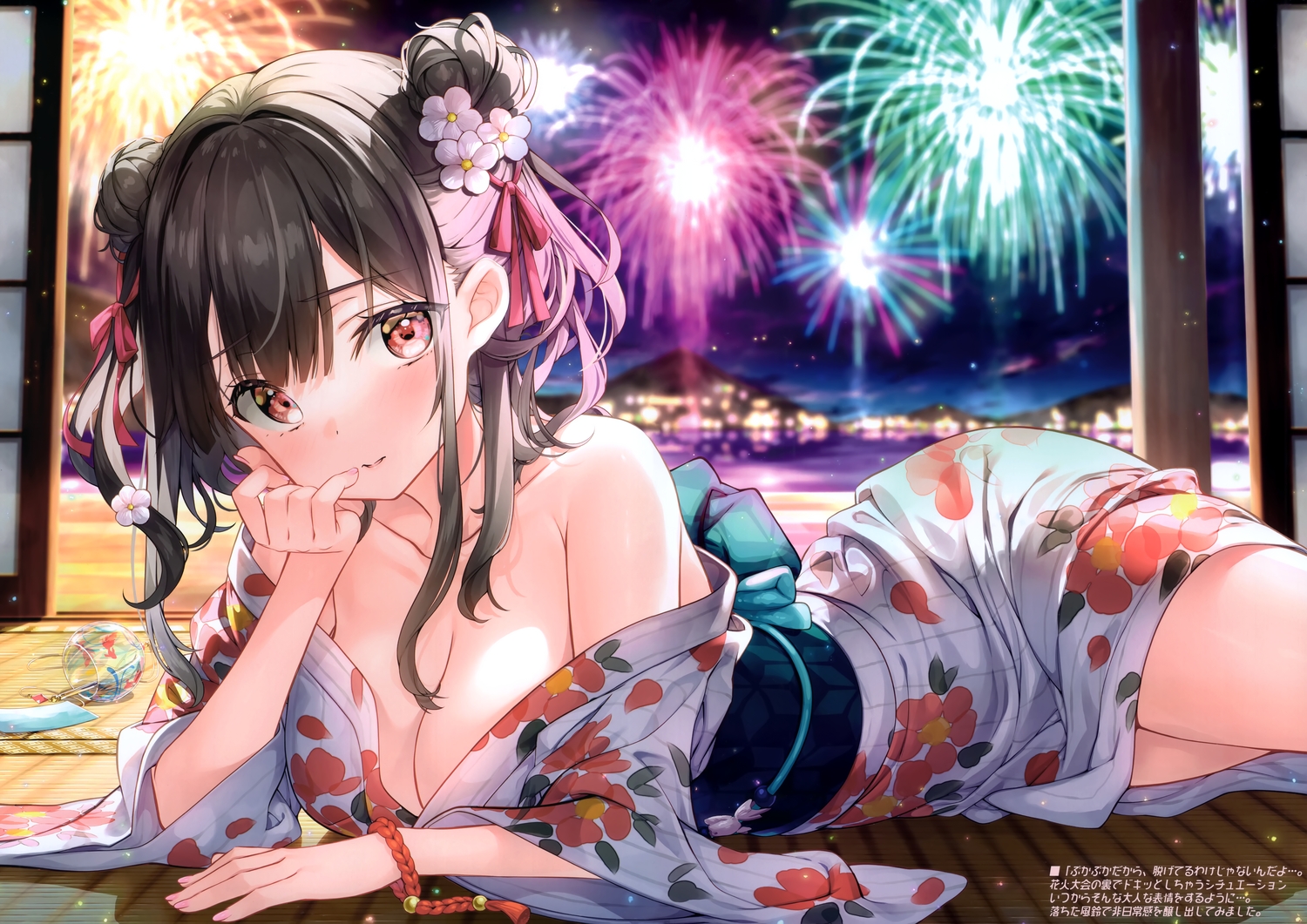 black_hair, blush, bow, breasts, cleavage, fireworks, fujima_takuya, japanese_clothes