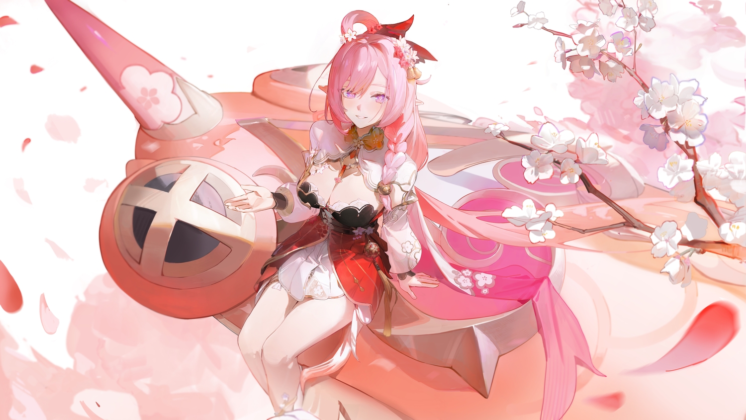 blush, braids, breasts, cherry_blossoms, cleavage, dress, elysia_(honkai_impact), flowers, honkai_impact, honkai_(series), lard_(kumazakiyuta), long_hair, petals, pink_hair, pointed_ears, purple_eyes