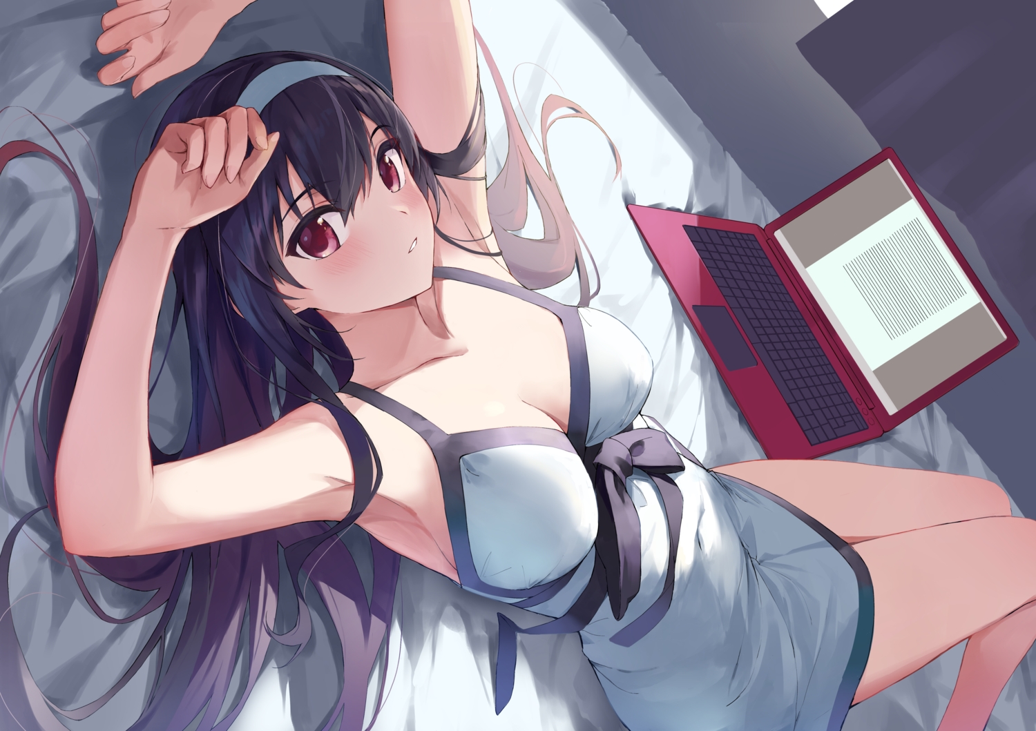 bed, black_hair, blush, bow, breasts, cleavage, computer, dress, headband, kasumigaoka_utaha, long_hair, red_eyes, saenai_heroine_no_sodatekata, summer_dress, yanagi_marie