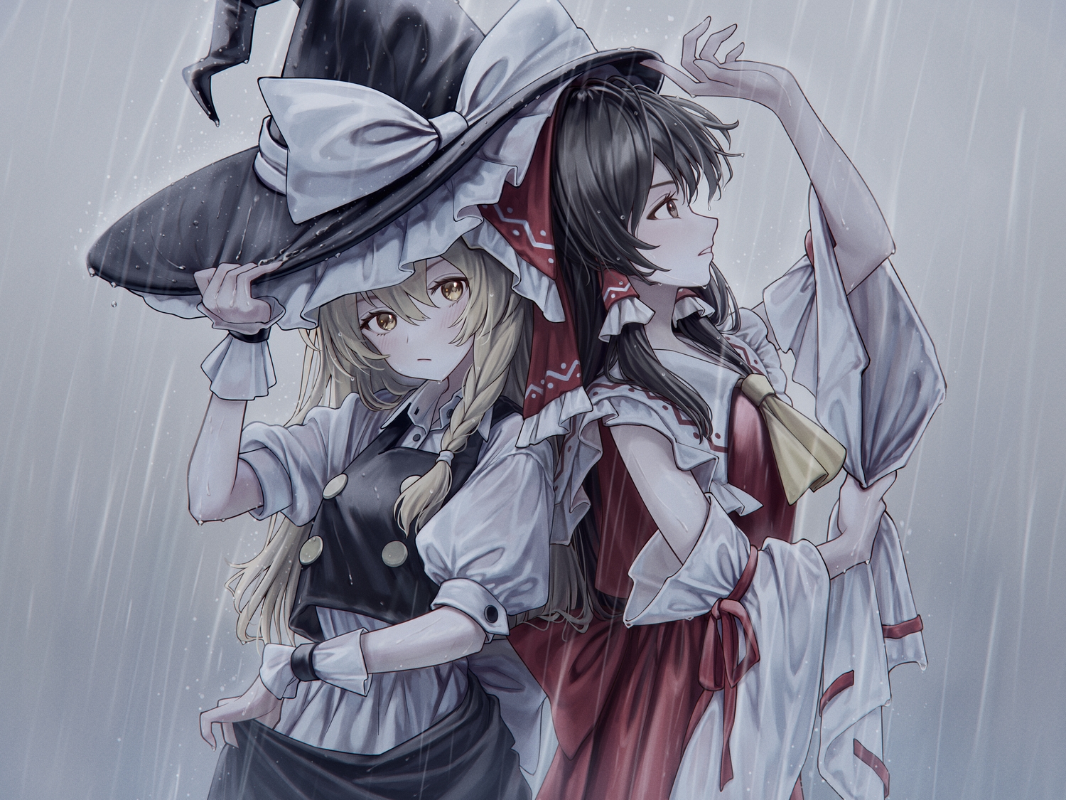 2girls, black_hair, blonde_hair, blush, bow, braids, brown_eyes, dtvisu, hakurei_reimu, hat, japanese_clothes, kirisame_marisa, long_hair, miko, rain, shirt, skirt, touhou, water, wet, witch, witch_hat, wristwear, yellow_eyes