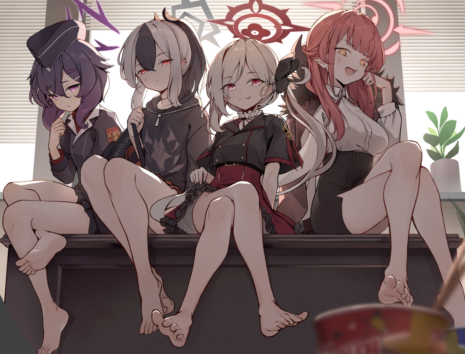 asagi_mutsuki, barefoot, black_hair, blue_archive, dampi, group, halo, igusa_haruka