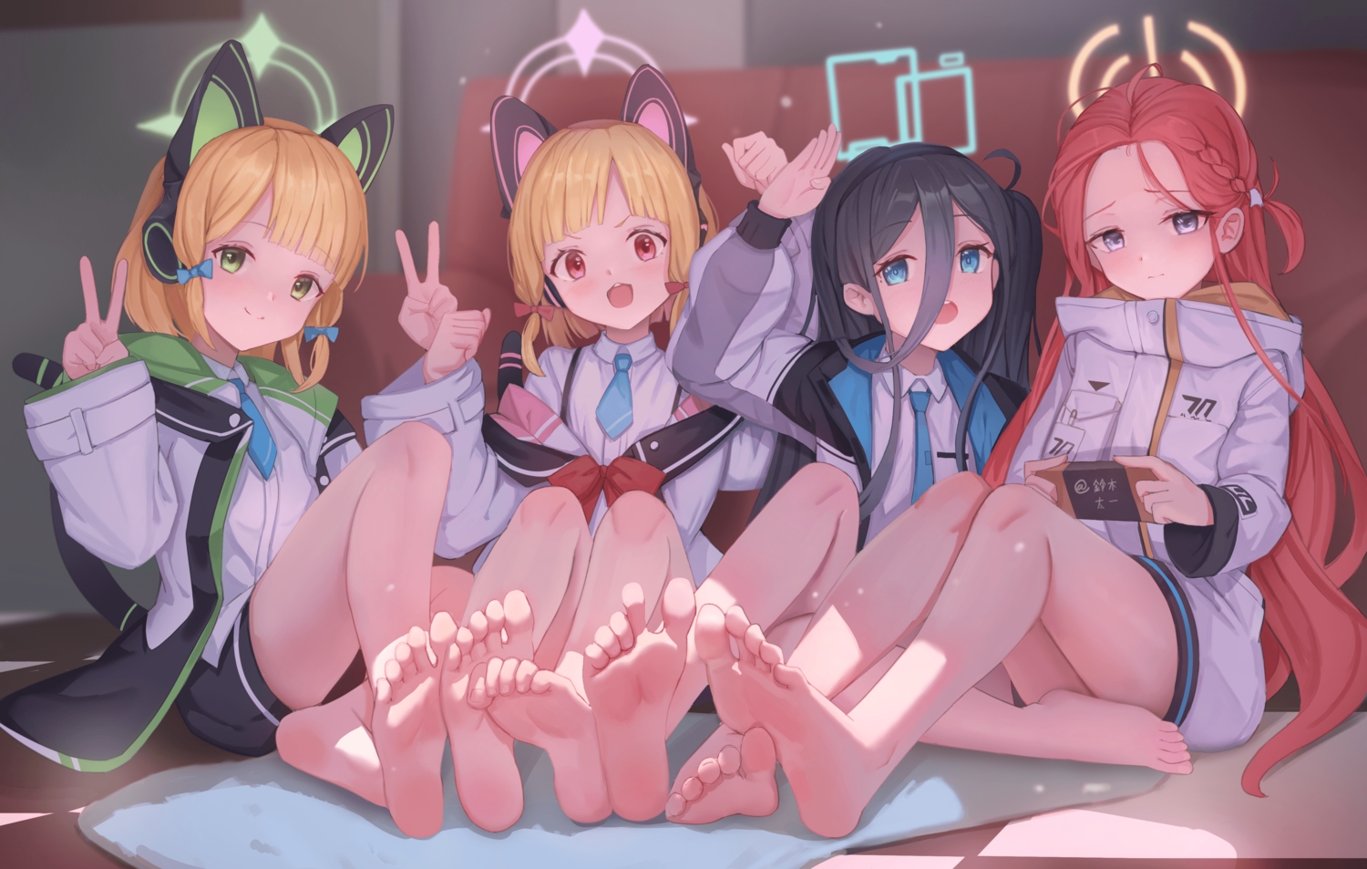 animal_ears, aqua_eyes, barefoot, black_hair, blonde_hair, blue_archive, braids, catgirl, cat_smile, couch, game_console, green_eyes, group, halo, hanaoka_yuzu, headphones, long_hair, pink_eyes, ponytail, purple_eyes, red_hair, saiba_midori, saiba_momoi, shirt, short_hair, shorts, taichi_suzuki, tail, tendou_arisu_(blue_archive), tie, twins