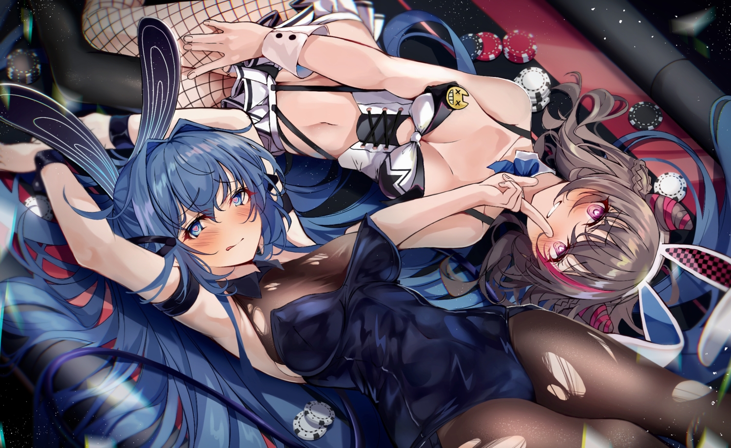 2girls, animal_ears, anthropomorphism, azur_lane, blue_eyes, blue_hair, blush, breasts, brown_hair, bunny_ears, bunnygirl, cameltoe, cleavage, heaven's_melody, leotard, new_jersey_(azur_lane), pantyhose, purple_eyes, san_francisco_(azur_lane), skirt, torn_clothes