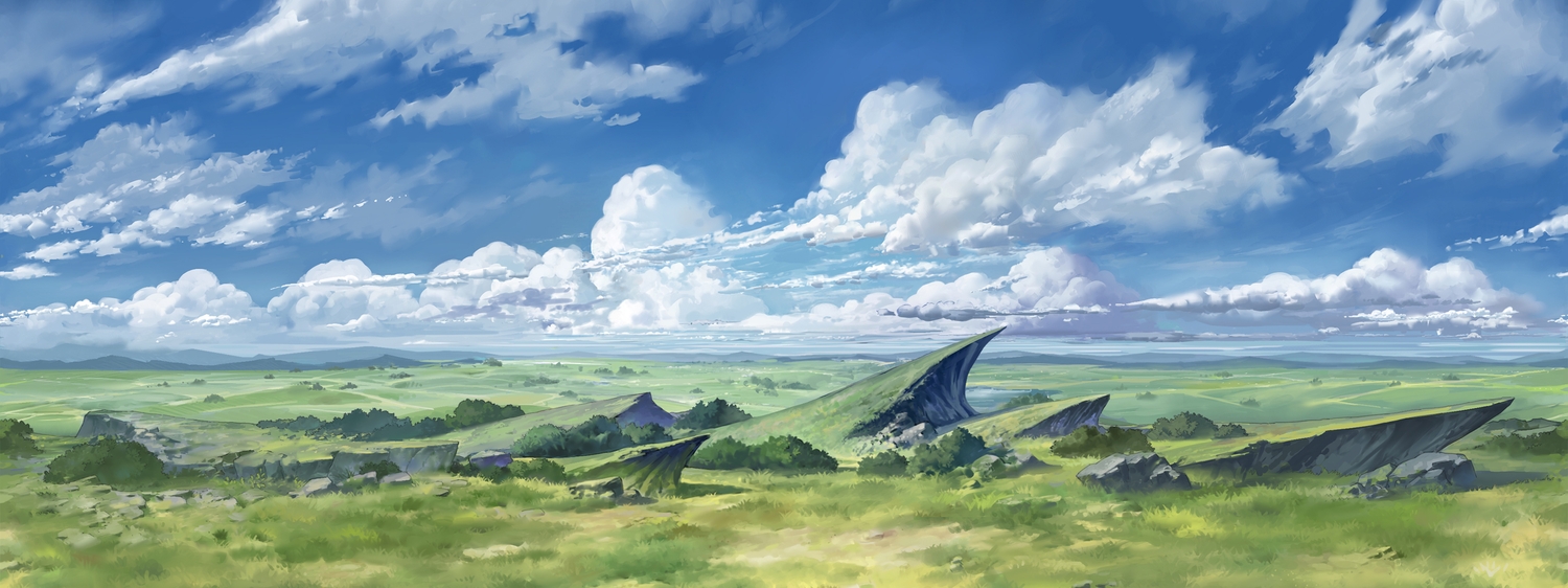 clouds, grass, landscape, no_humans, original, puyoakira, scenic, sky