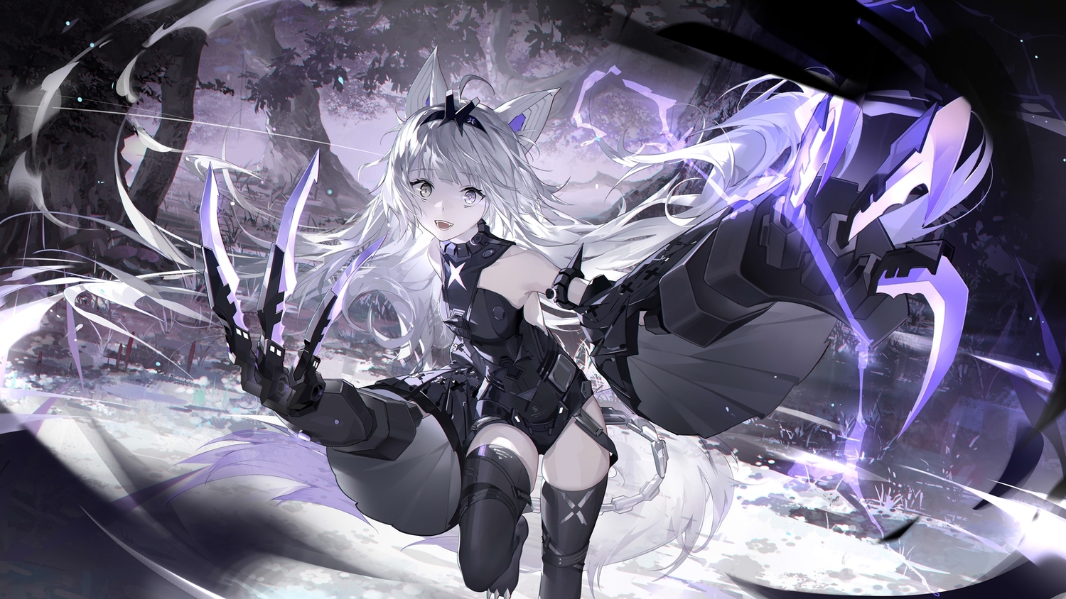 animal_ears, forest, gray_eyes, gray_hair, headband, huishazi, leotard, long_hair, no.21_(pgr), punishing:_gray_raven, thighhighs, tree, water, weapon