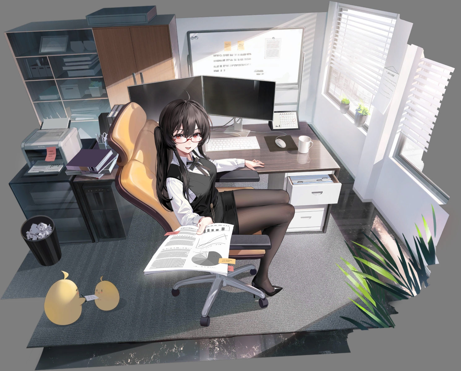 anthropomorphism, azur_lane, black_hair, book, bow, computer, congqian_you_ke_xing, glasses
