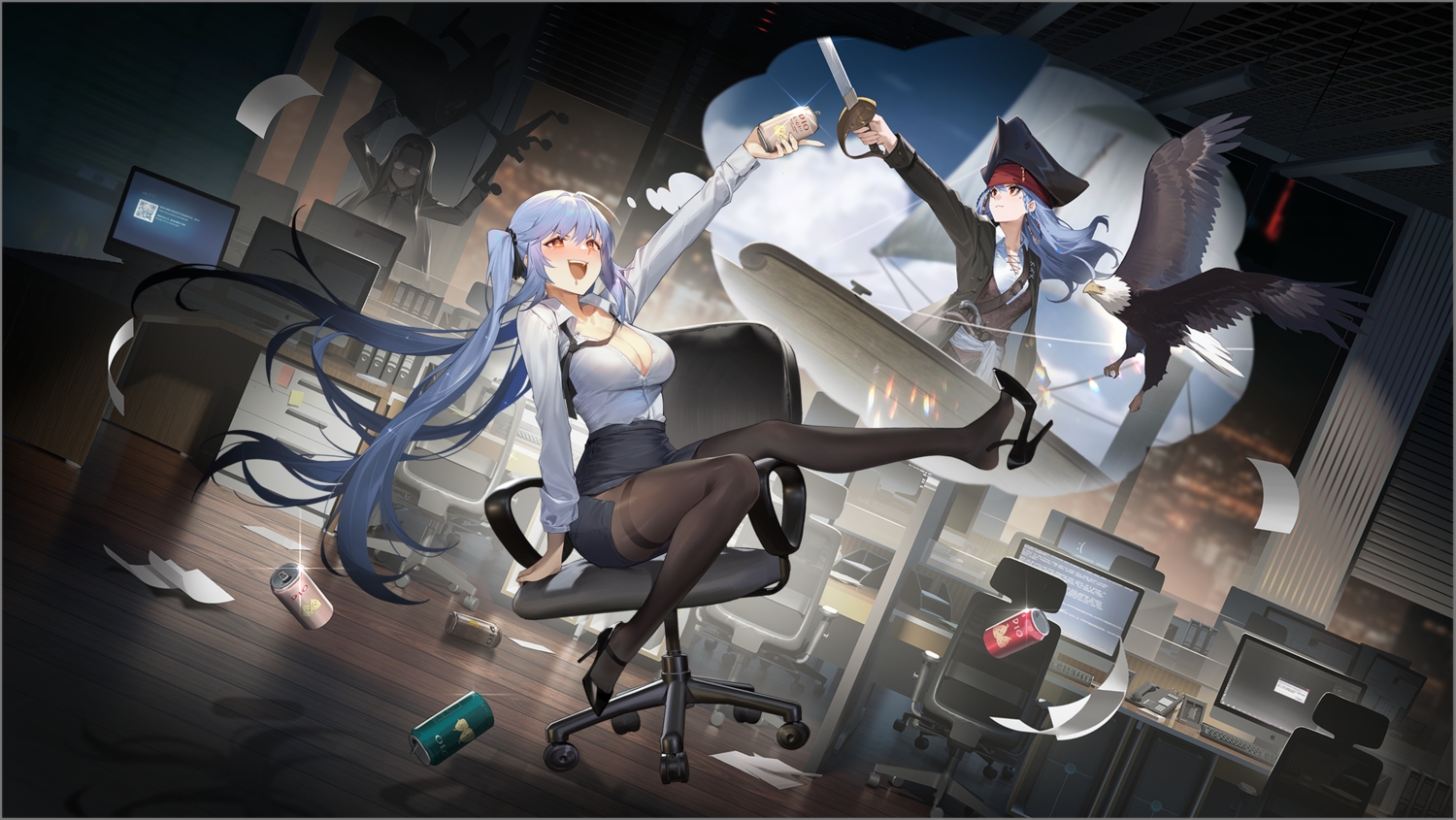 2girls, animal, anthropomorphism, azur_lane, bird, blue_hair, blush, boat