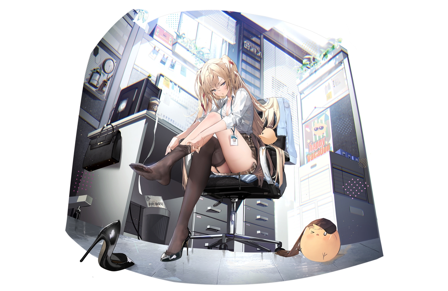 animal, anthropomorphism, azur_lane, bird, blonde_hair, blue_eyes, breasts, cleavage, computer, dressing, drink, garter_belt, gorizia_(azur_lane), long_hair, manjuu_(azur_lane), namyo, open_shirt, shirt, skirt, stockings, twintails, white