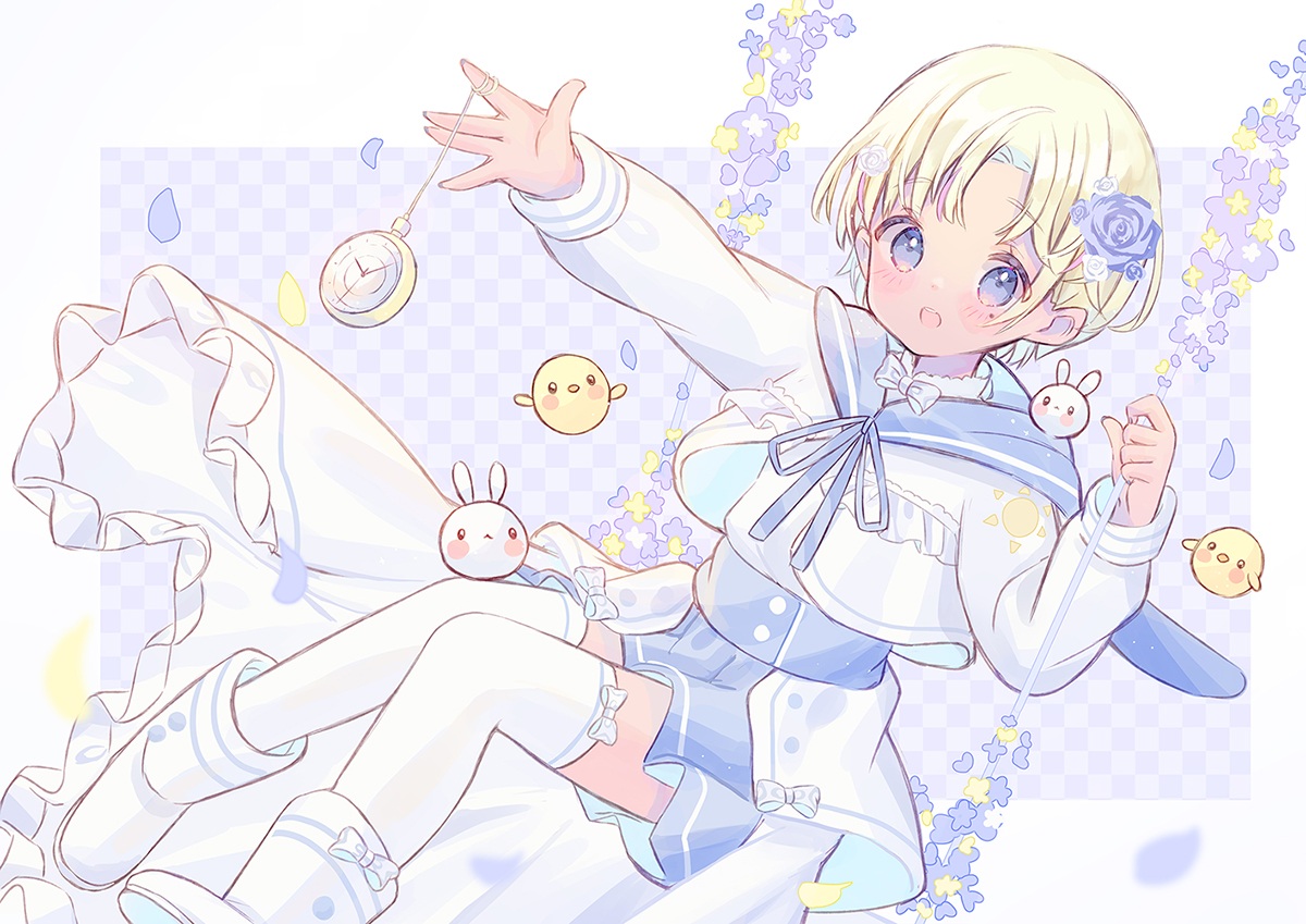 animal, bird, blonde_hair, blue_eyes, blush, boots, bow, flowers
