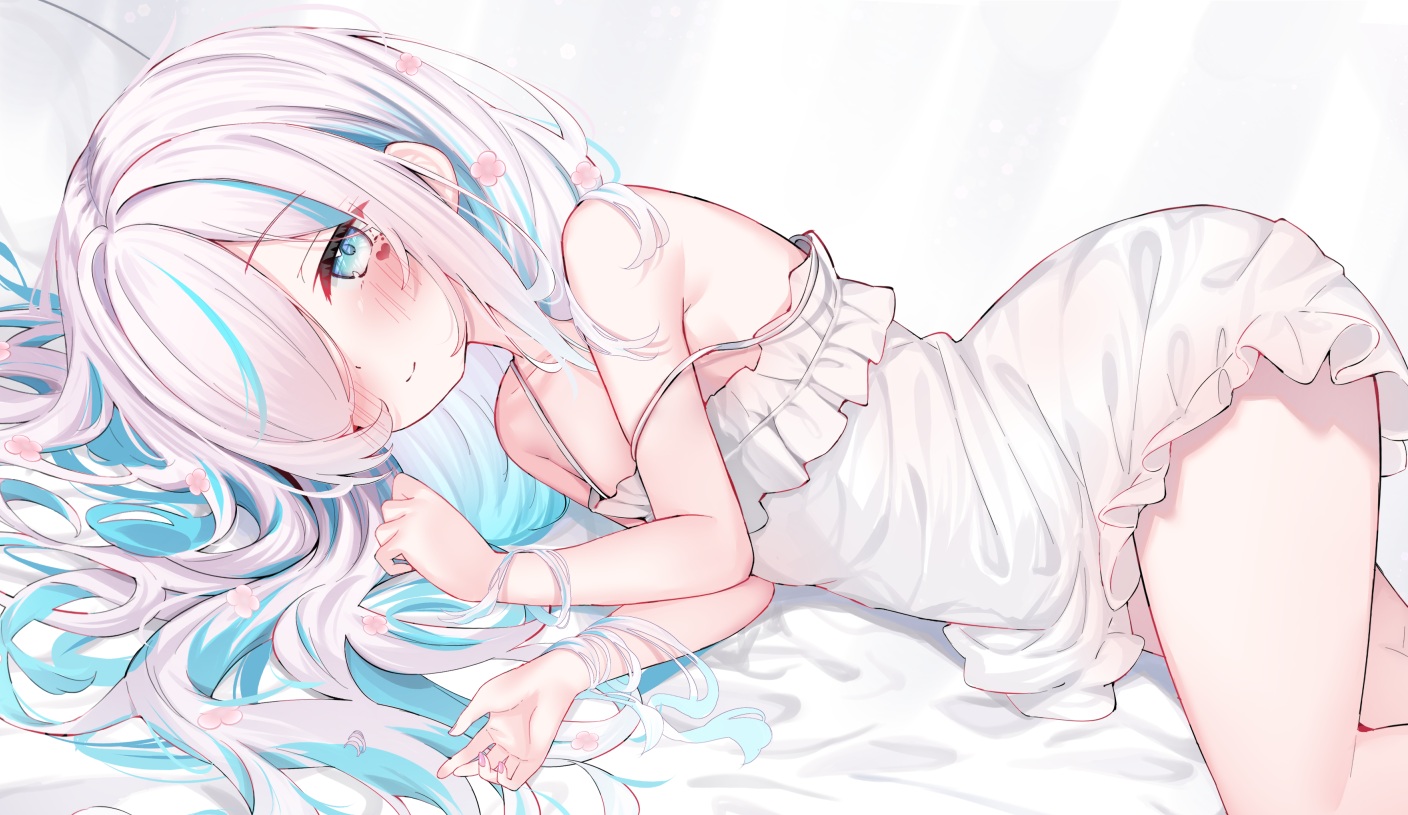 aqua_eyes, blush, dress, eip_(pepai), flat_chest, flowers, ilu_fluor, long_hair, summer_dress, white_hair