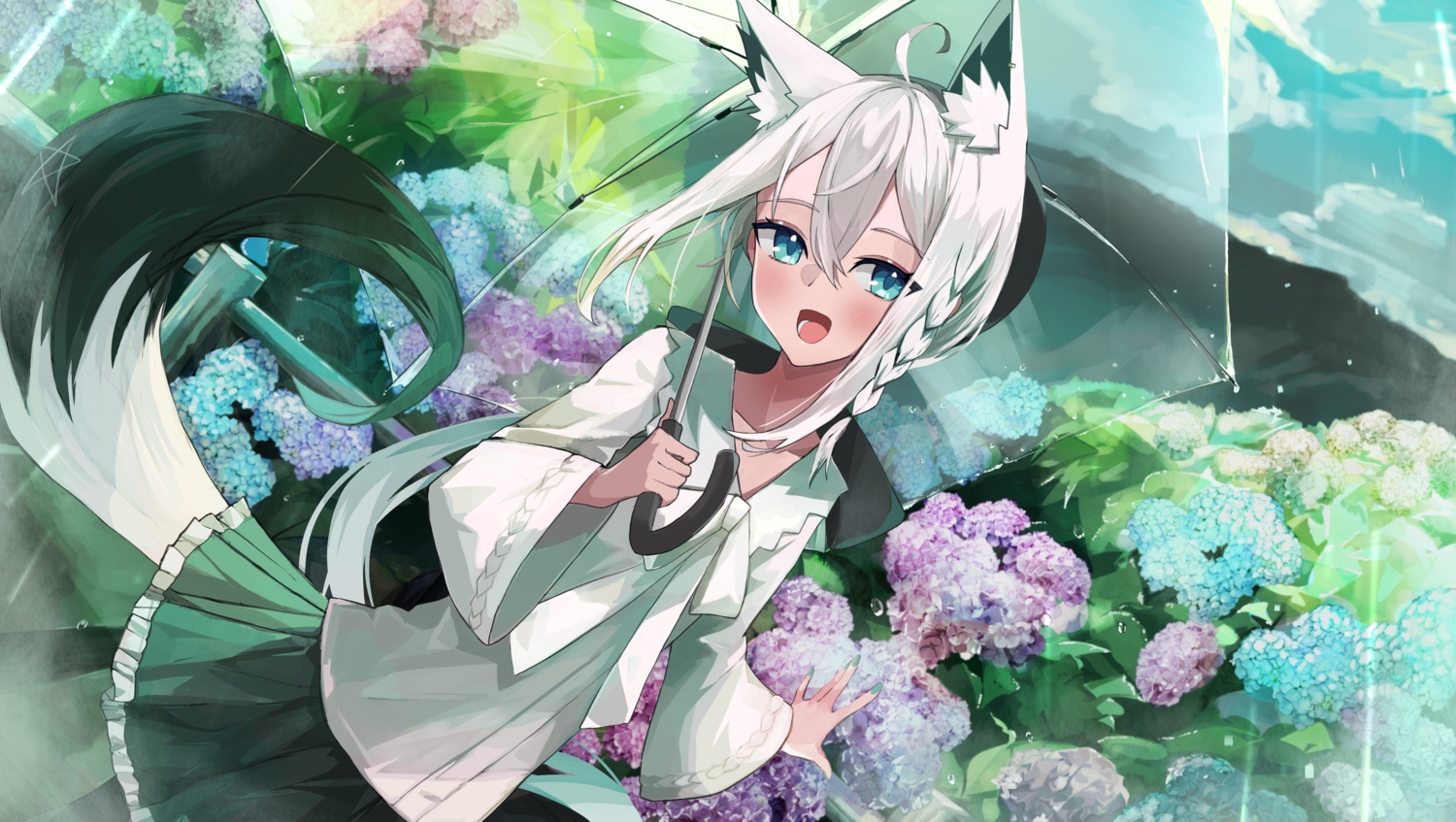 animal_ears, aqua_eyes, blush, bow, braids, flowers, foxgirl, gray_hair