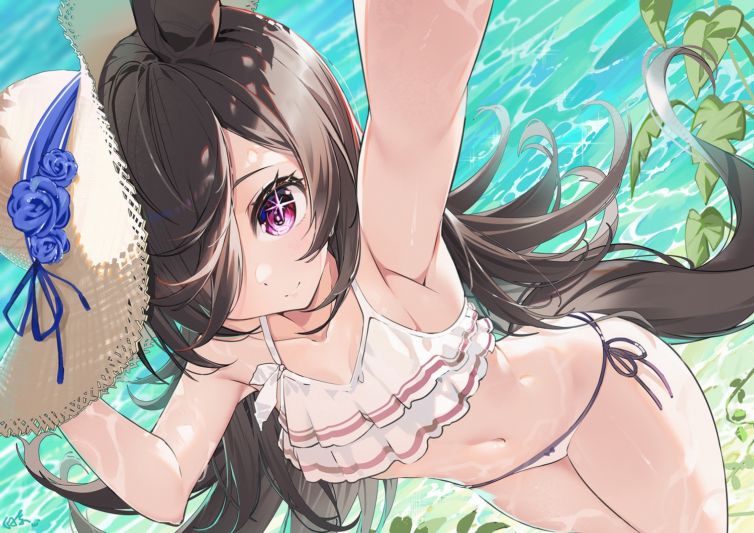 animal_ears, anthropomorphism, baisi_shaonian, bikini, brown_hair, close, hat, long_hair