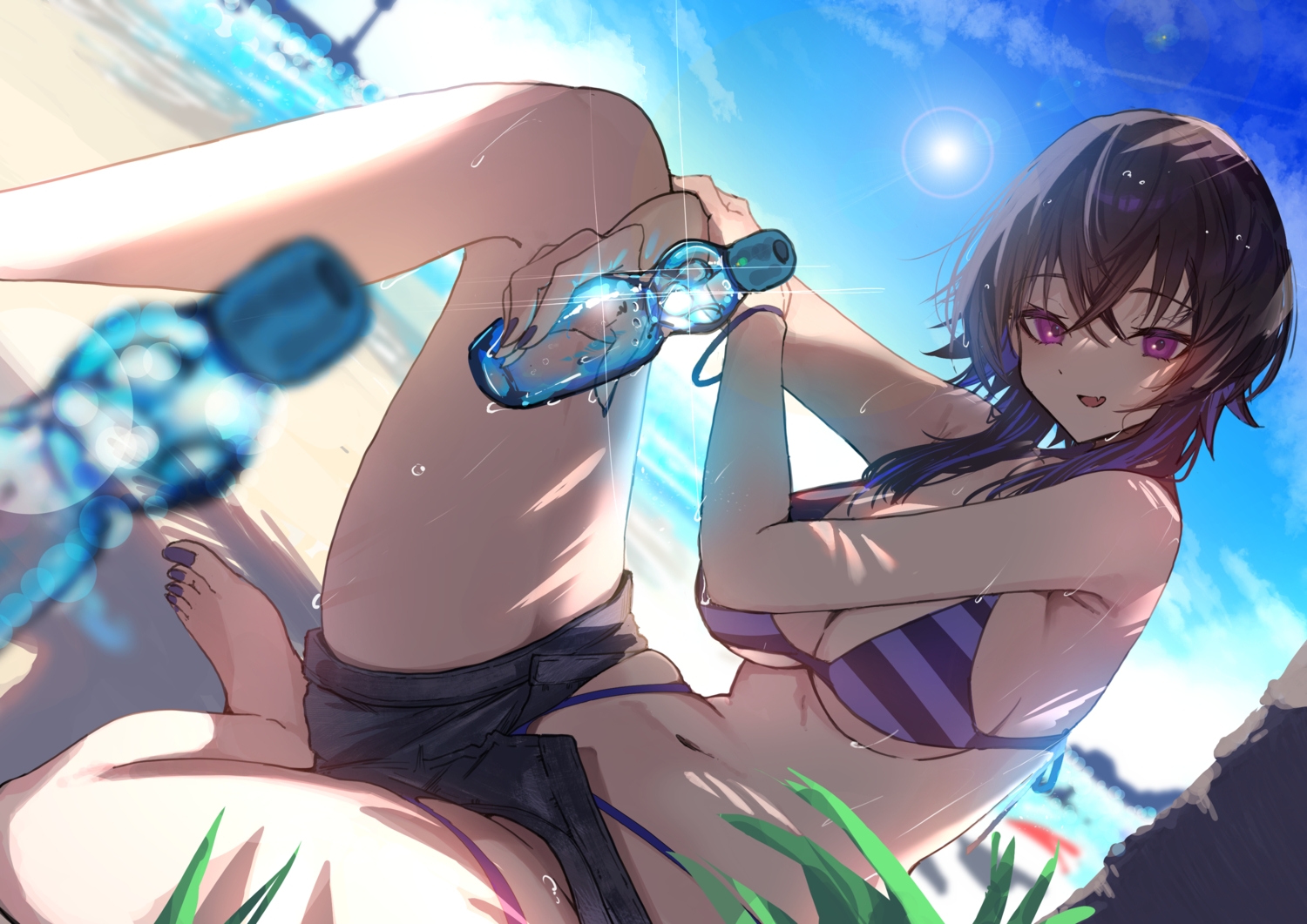 barefoot, beach, bikini, black_hair, breasts, cleavage, clouds, drink, fang, ichinose_uruha, purple_eyes, shade, shiro_marimo, short_hair, shorts, sketch, sky, swimsuit, underboob, vspo!, water