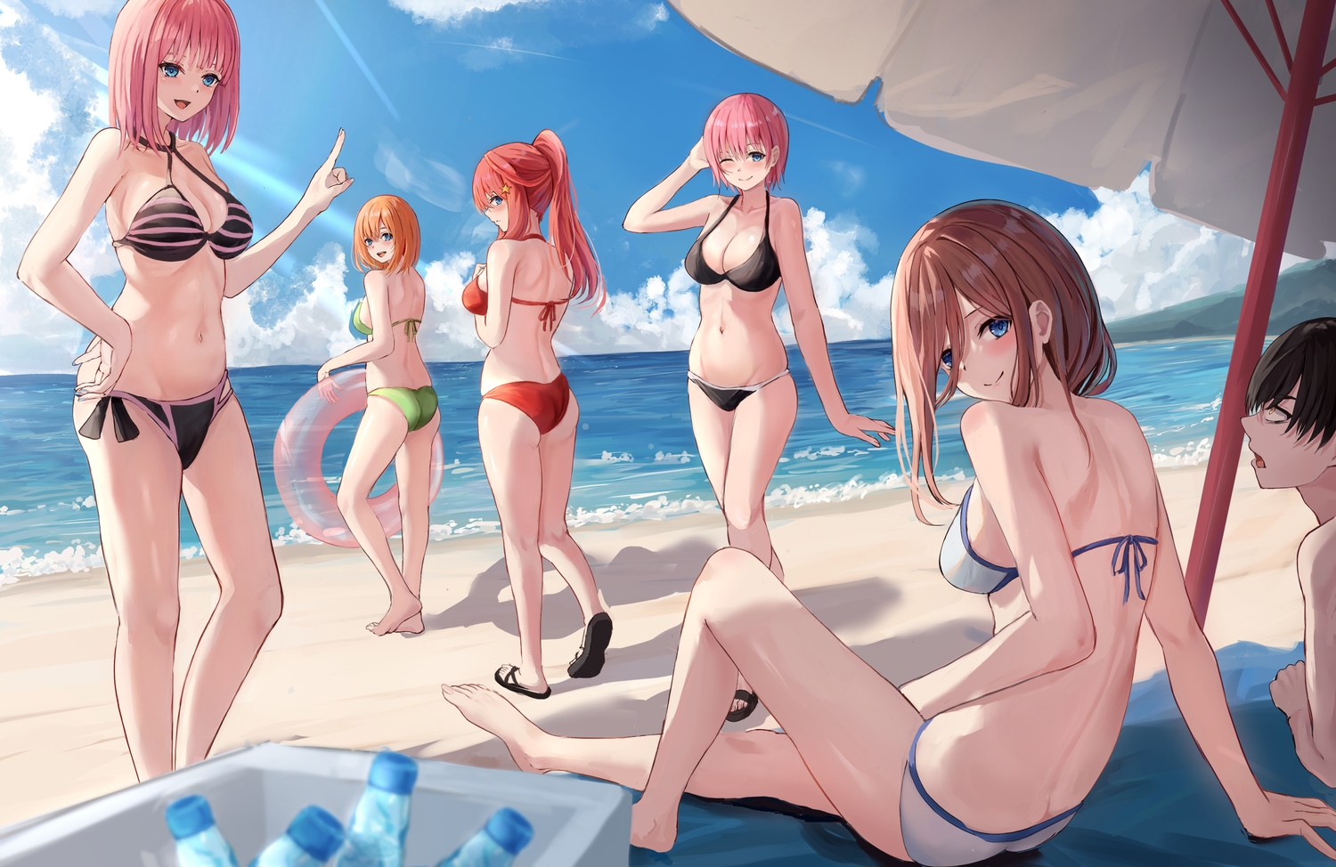 ass, beach, bikini, black_hair, blue_eyes, breast_hold, breasts, brown_hair