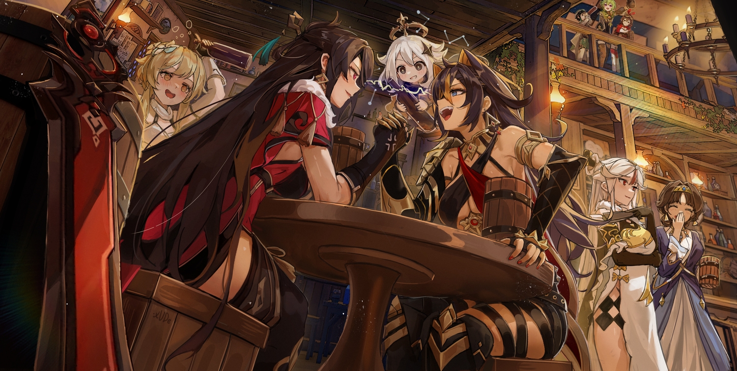 amber_(genshin_impact), animal_ears, beidou_(genshin_impact), black_eyes, black_hair, blonde_hair, blue_eyes, blush
