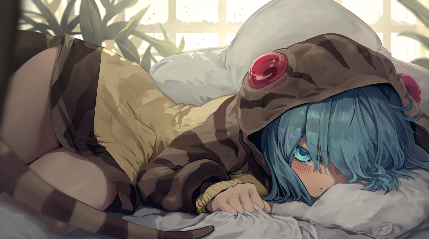 anthropomorphism, aqua_eyes, aqua_hair, blush, hood, kemono_friends, melaton, tail