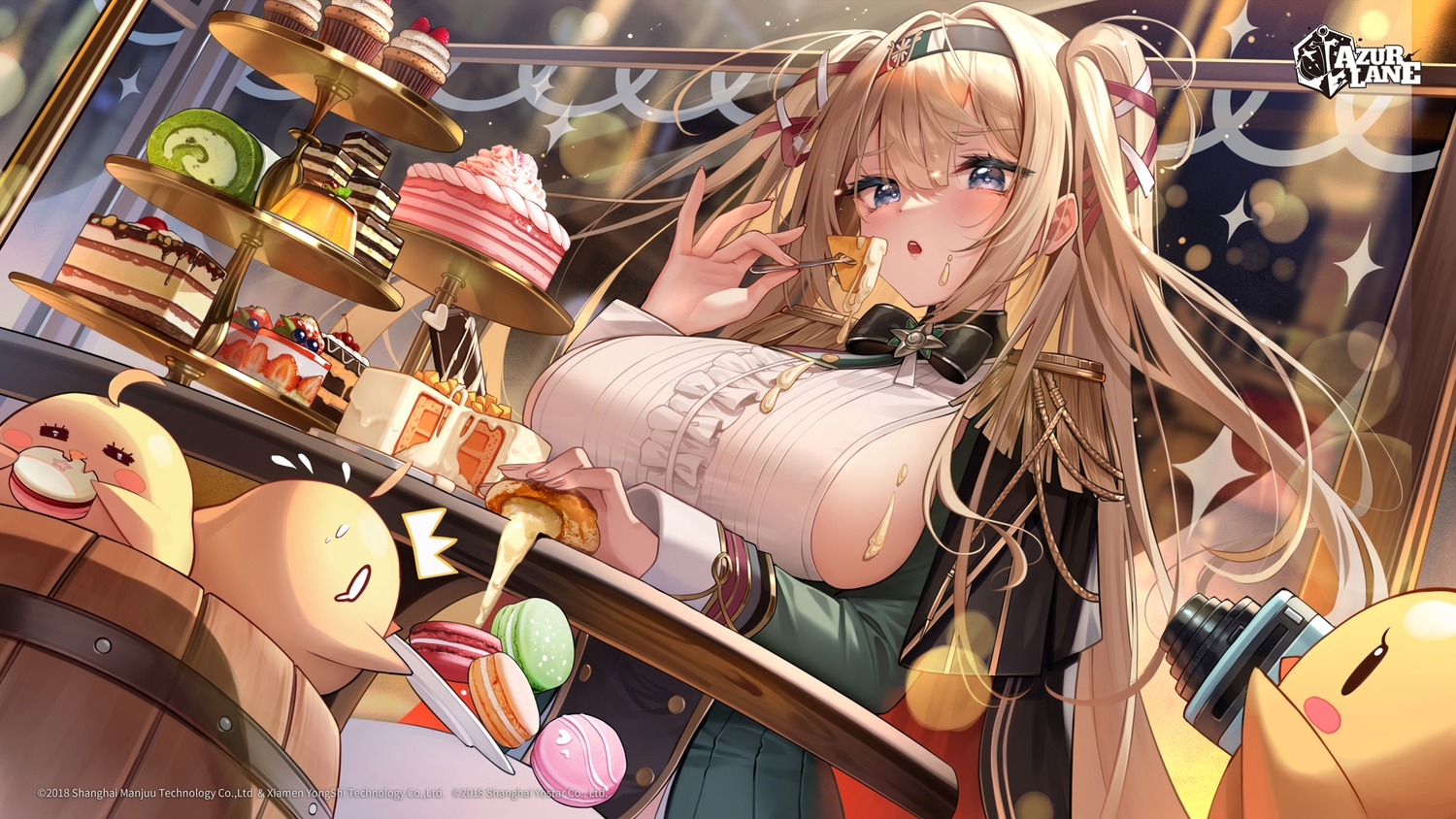 animal, anthropomorphism, azur_lane, bird, blonde_hair, blush, bow, breasts, cake, camera, cherry, dress, food, fruit, gorizia_(azur_lane), gray_eyes, logo, long_hair, manjuu_(azur_lane), meion, night, no_bra, sideboob, strawberry, watermark