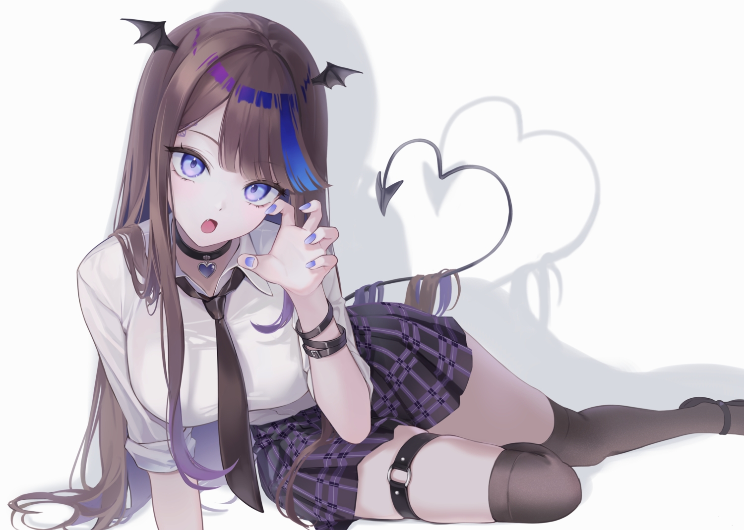 airi_kanna, bbony_0_0, blue_eyes, brown_hair, choker, fang, garter, long_hair, school_uniform, shirt, skirt, stellive, tail, thighhighs, tie, white, wings, wristwear