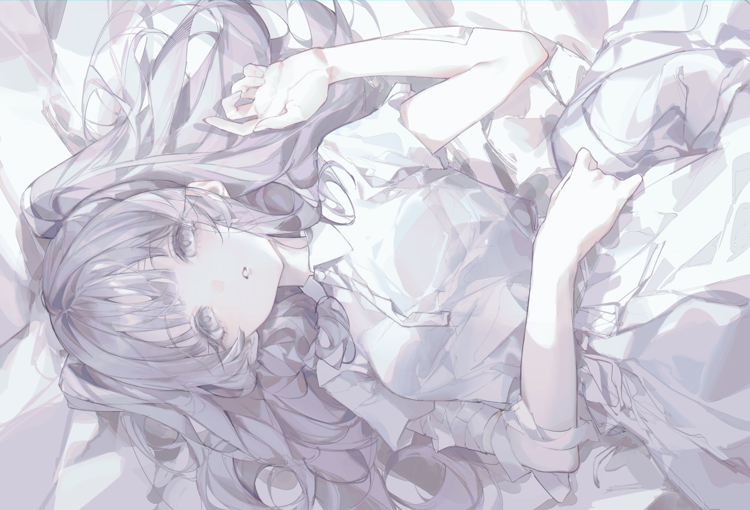 dress, gray_hair, idolmaster, idolmaster_shiny_colors, long_hair, monochrome, sketch, suimin_(sui_0y0)