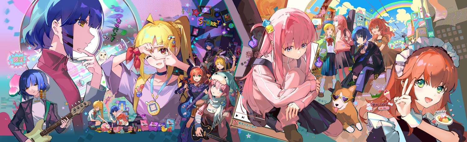 animal, animal_ears, aqua_eyes, blonde_hair, blue_hair, blush, bocchi_the_rock!, bow, building, bunny_ears, cat, chinese_clothes, choker, city, dog, dress, food, fruit, garter, gotou_hitori, green_eyes, group, guitar, headband, headdress, hood, ijichi_nijika, instrument, kita_ikuyo, kneehighs, kuromi, long_hair, maid, microphone, necklace, orange_eyes, pink_hair, ponytail, qmthtdy, rainbow, red_hair, rubber_duck, sanrio, scarf, school_uniform, short_hair, skirt, sunglasses, thighhighs, wink, wristwear, yamada_ryou, yellow_eyes, zettai_ryouiki