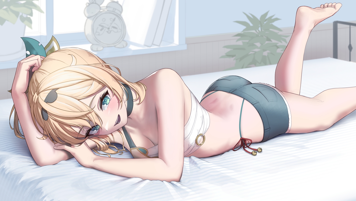 arimoto_wataru, ass, barefoot, bed, blonde_hair, breasts, choker, cleavage, green_eyes, headband, hololive, kazama_iroha, sarashi, shorts, underwear