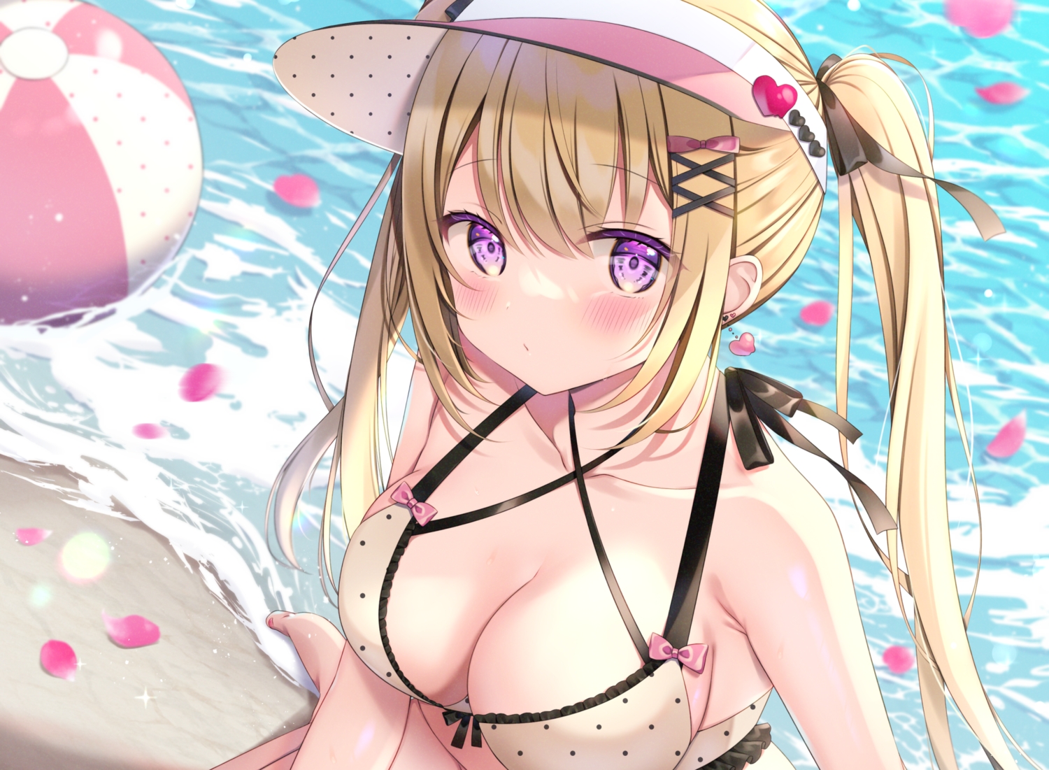 ball, barefoot, beach, bikini, blonde_hair, blush, bow, breasts, cleavage, close, hat, miwa_uni, original, petals, purple_eyes, ribbons, swimsuit, twintails, water