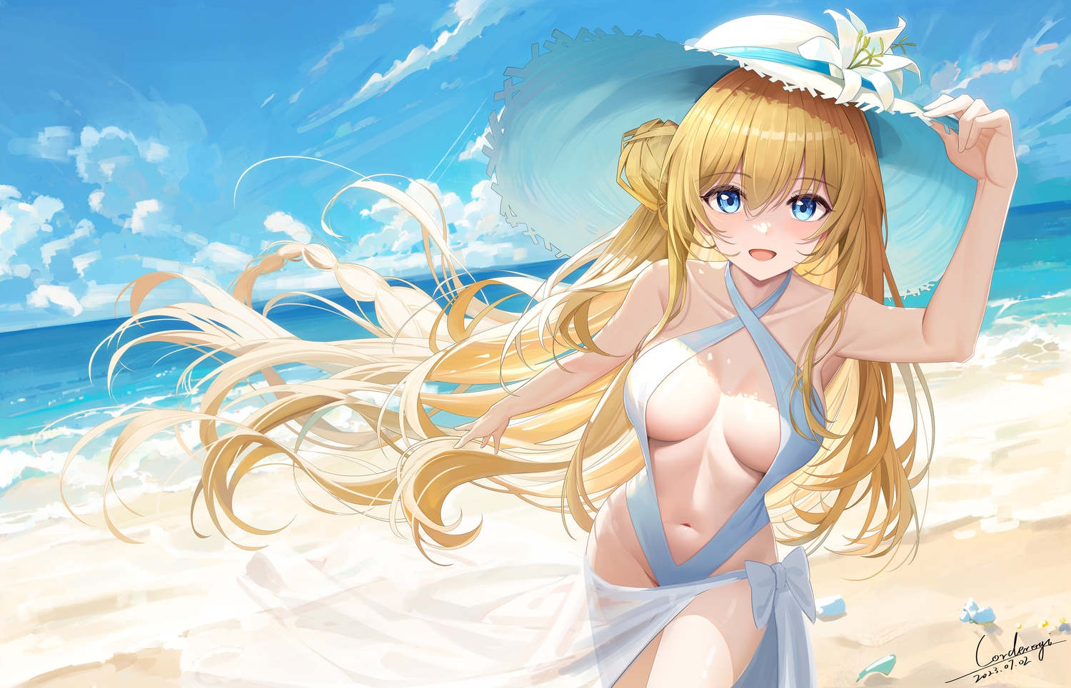 beach, blonde_hair, blue_eyes, bow, braids, breasts, clouds, corderoy