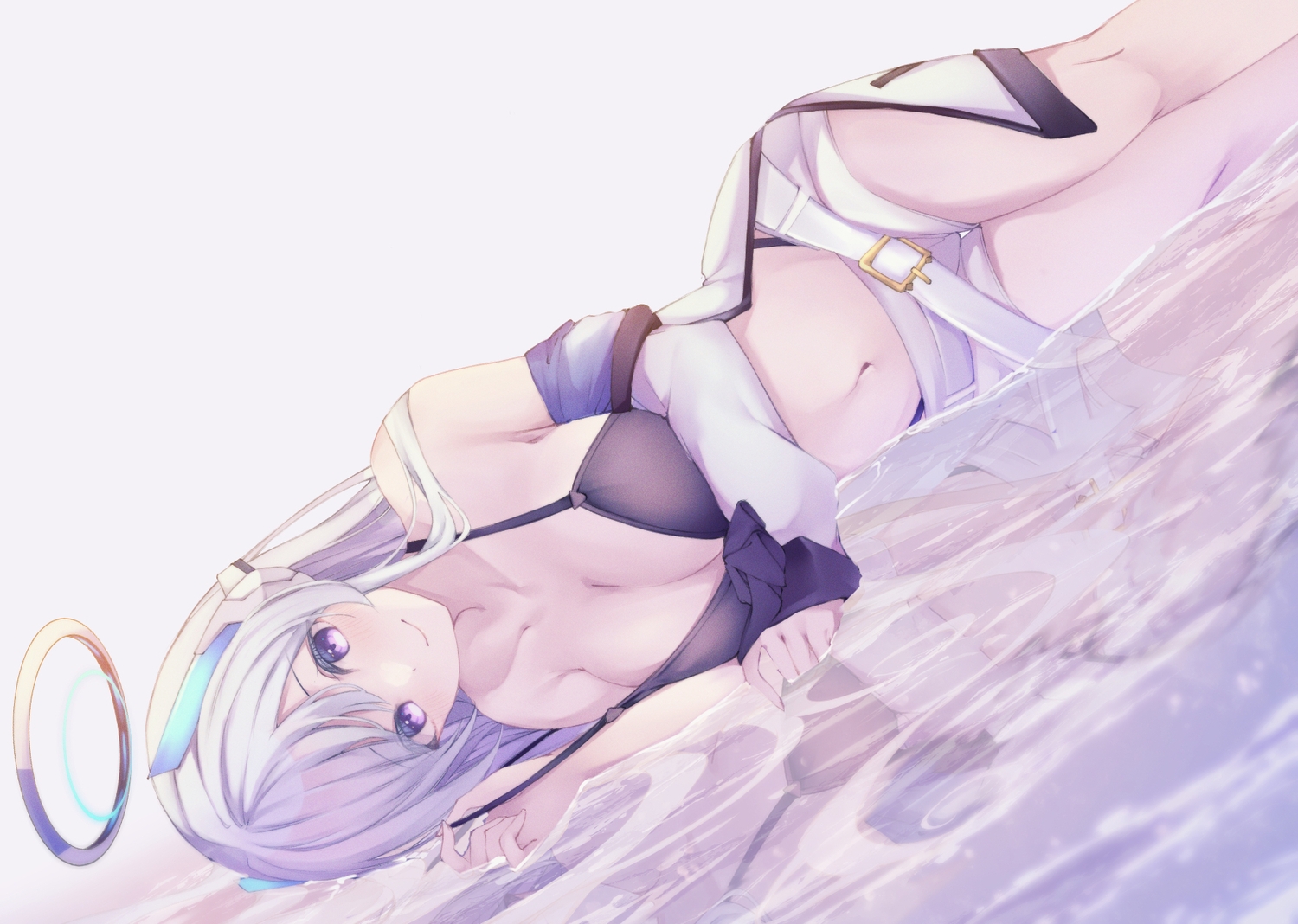 bikini, blue_archive, blush, breasts, cleavage, gray_hair, halo, hojiro_same, long_hair, navel, open_shirt, purple_eyes, reflection, shorts, swimsuit, ushio_noa, water