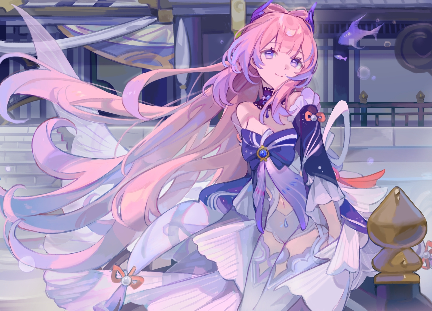genshin_impact, long_hair, miermere, pink_hair, purple_eyes, sangonomiya_kokomi