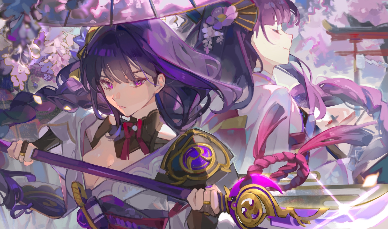 2girls, breasts, cleavage, genshin_impact, japanese_clothes, makoto_(genshin_impact), miermere, purple_eyes, purple_hair, raiden_shogun, sword, torii, weapon